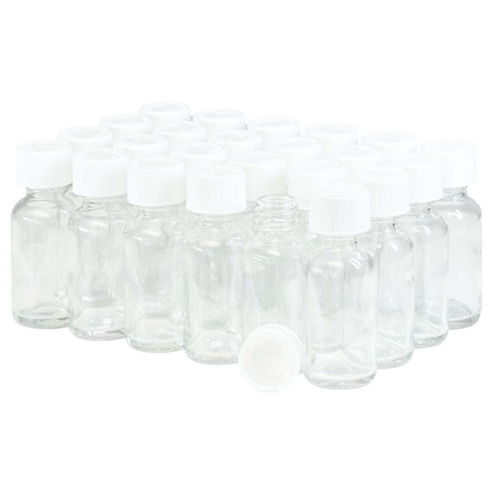 1 oz. Clear Boston Round with White Child-Resistant Cap (20/400) (V20) (V1)-Glass Bottle Outlet