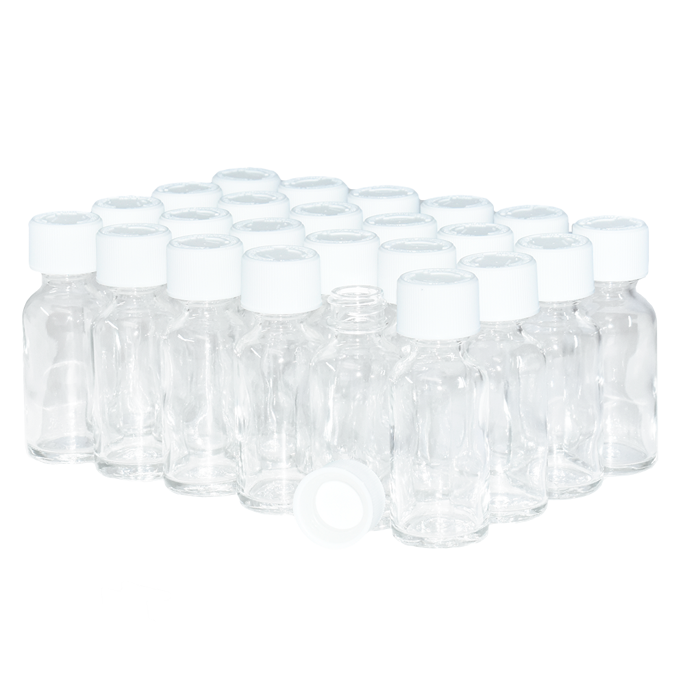 1 oz. Clear Boston Round with White Child-Resistant Cap (20/400) (V23) (V1)-Glass Bottle Outlet