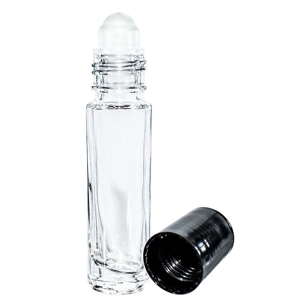 1/3 oz. (10 ml) Clear Glass Roll-on Bottle with Black Cap (Plastic Ball) (V3)