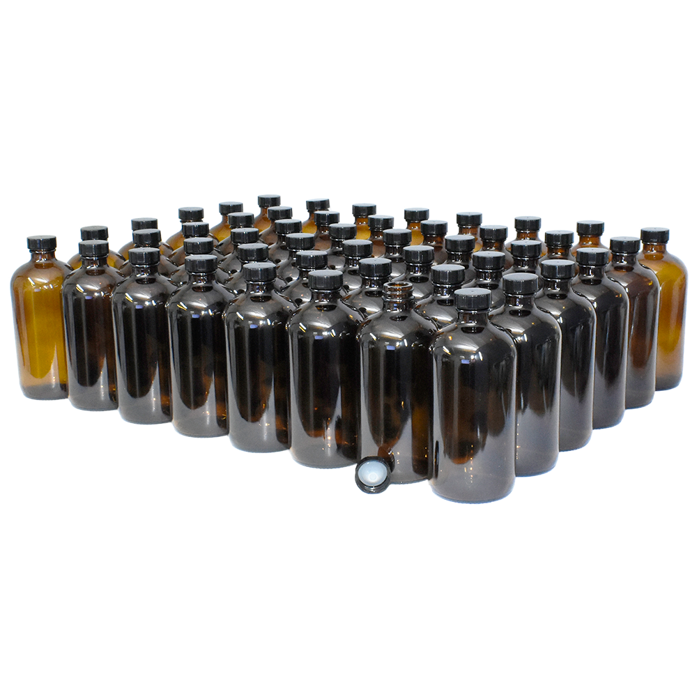 16 oz. Amber Boston Round with Black Poly Cone Cap (28/400) (V23) (V5)-Glass Bottle Outlet