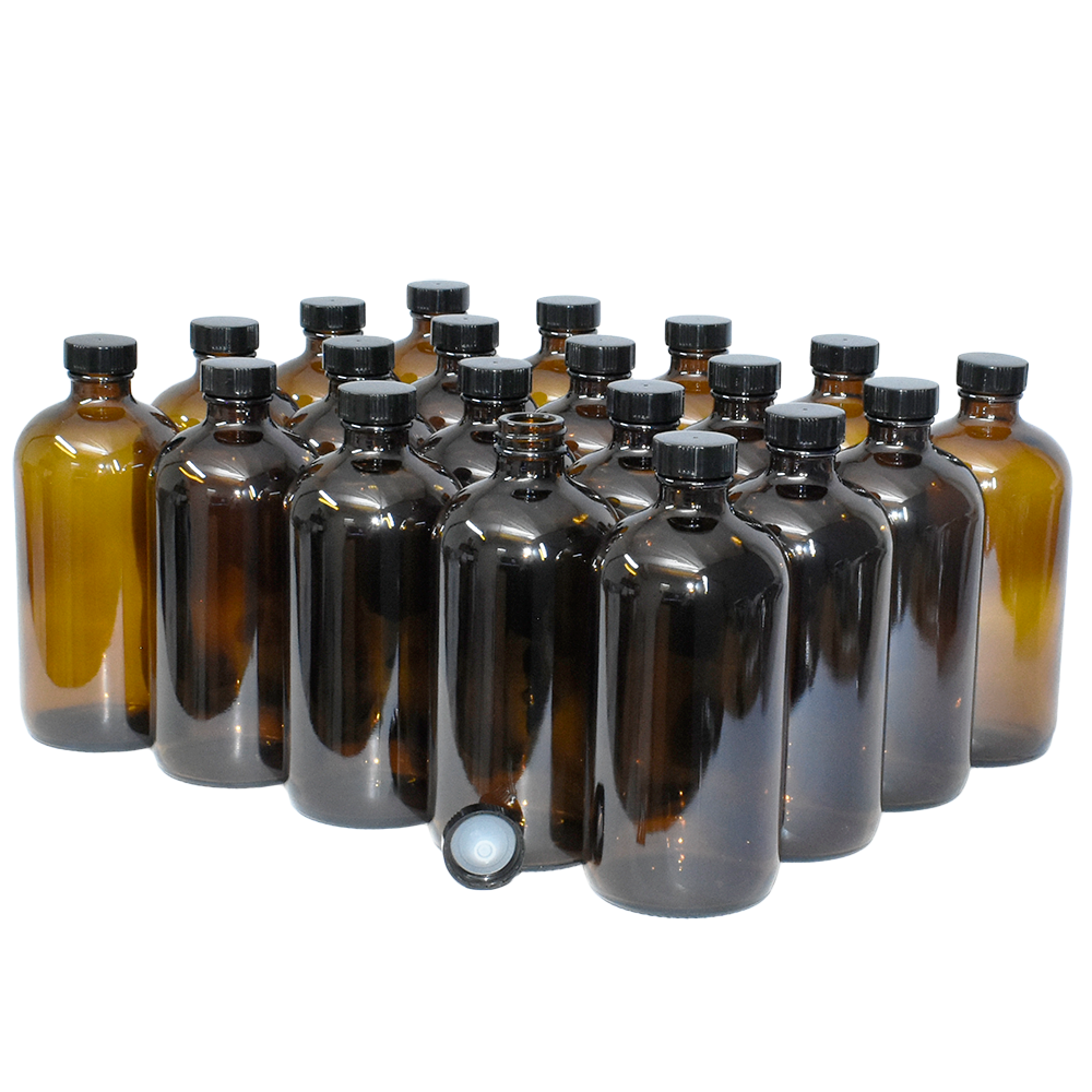 16 oz. Amber Boston Round with Black Poly Cone Cap (28/400) (V23) (V5)-Glass Bottle Outlet