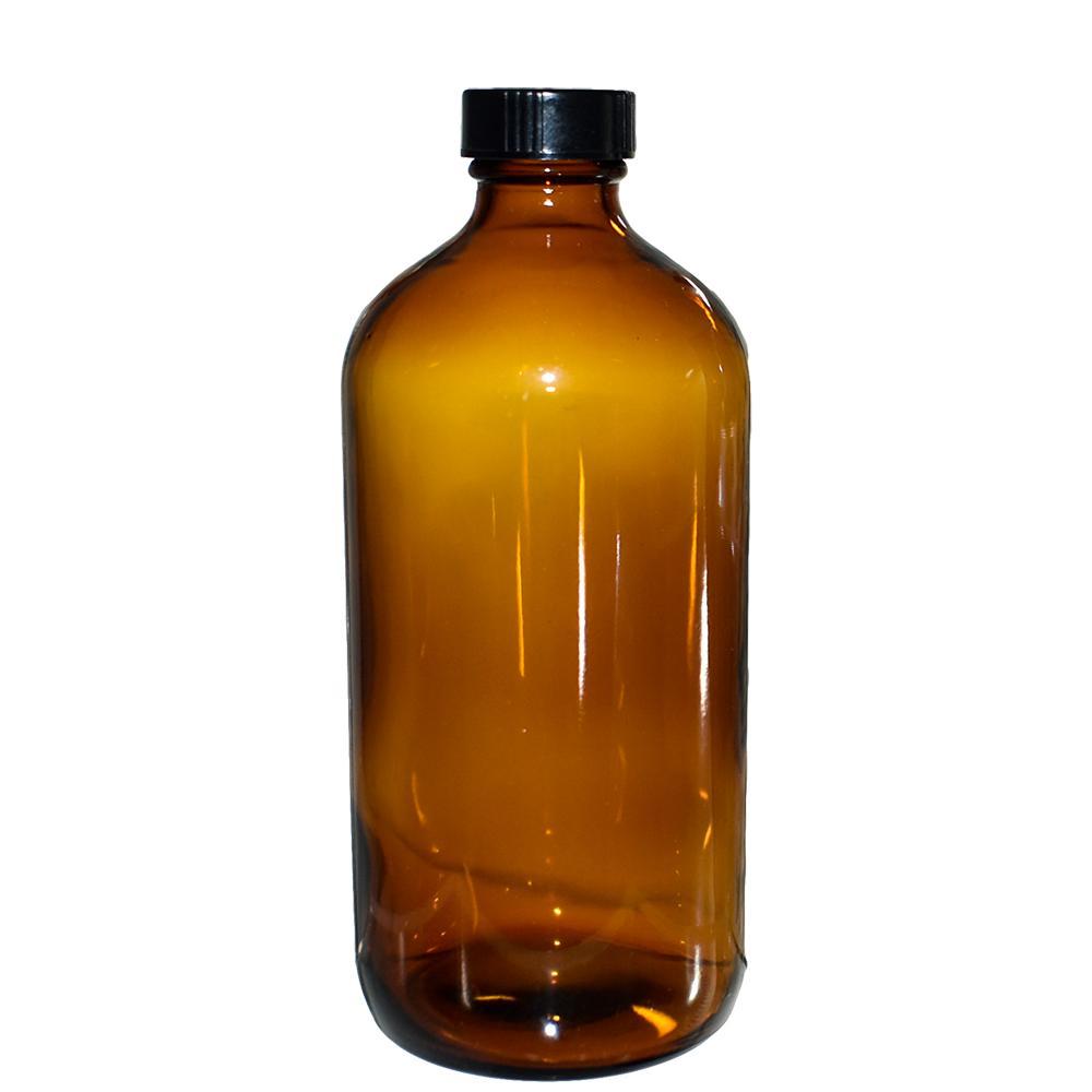 16 oz Amber PET Plastic Boston Round Bottle w/ Black Storage Cap