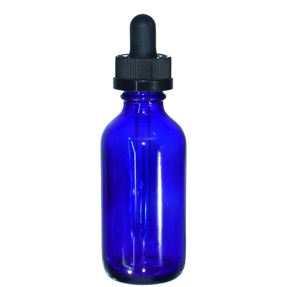 2 oz. Cobalt Blue Boston Round with Black Child-Resistant Glass Dropper (20/400) (V23) (V8)