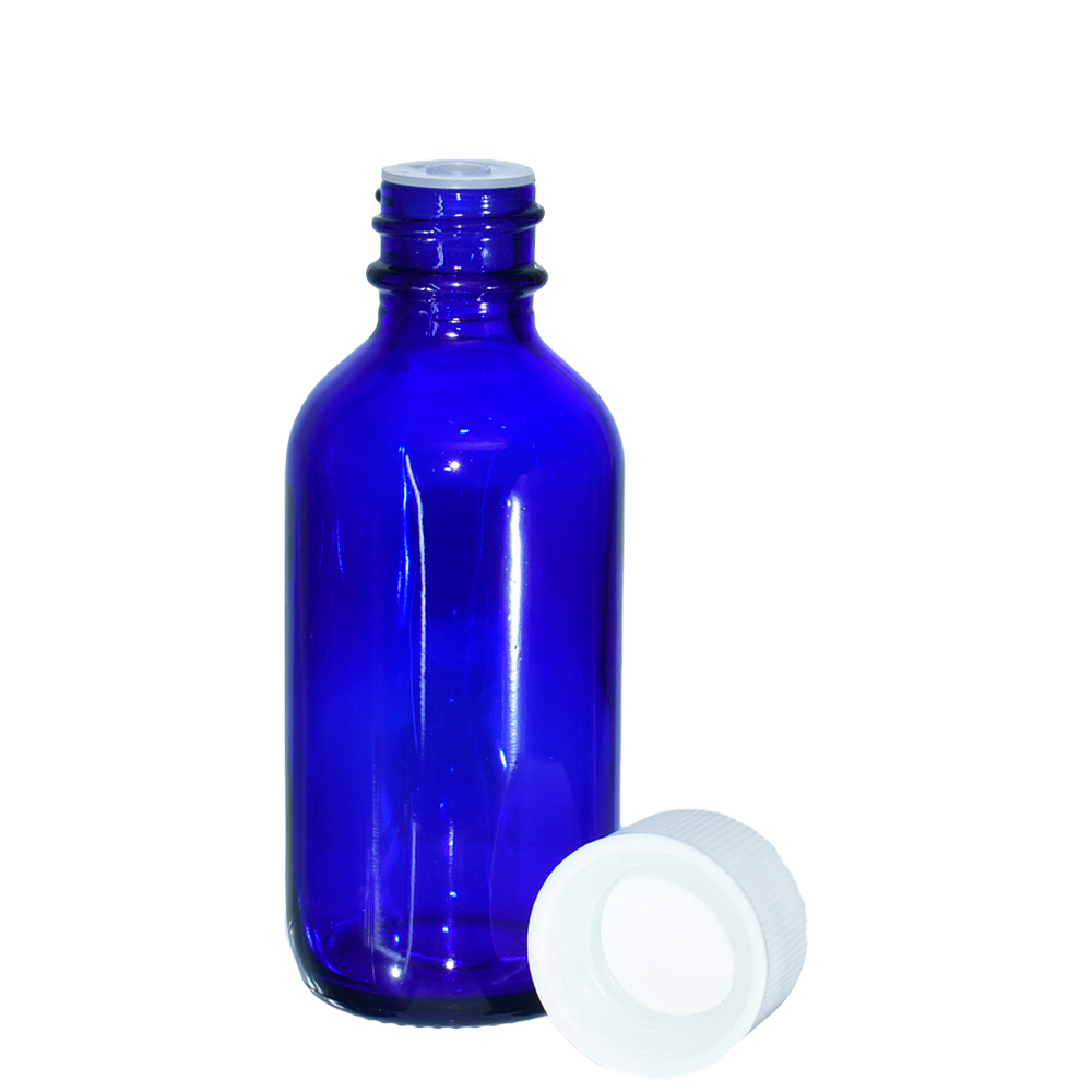 2 oz. Cobalt Blue Boston Round with Reducer and White Child-Resistant Cap (20/400) (V23) (V1)