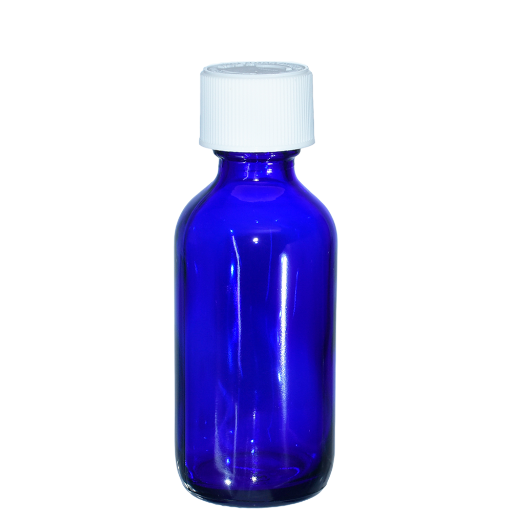 2 oz. Cobalt Blue Boston Round with Reducer and White Child-Resistant Cap (20/400) (V23) (V1)