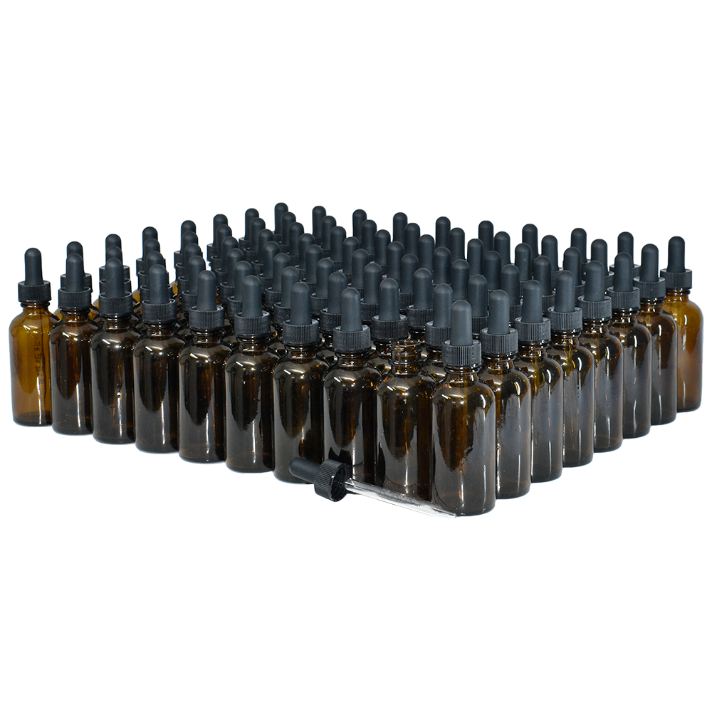 2 oz. Amber Boston Round with Large Bulb Graduated Black Glass Dropper (20/400) (V5) (V15)-Glass Bottle Outlet