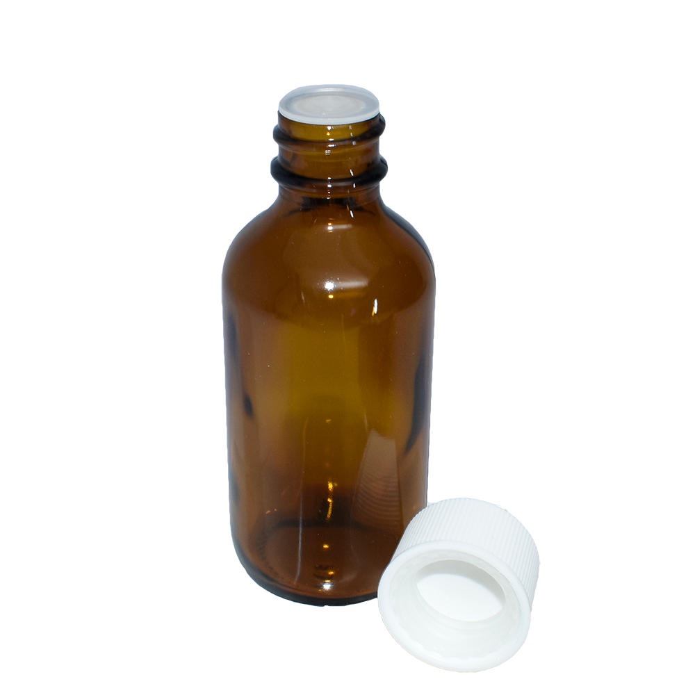 2 oz. Amber Boston Round with Reducer and White Child-Resistant Cap (20/400) (V23) (V6)-Glass Bottle Outlet