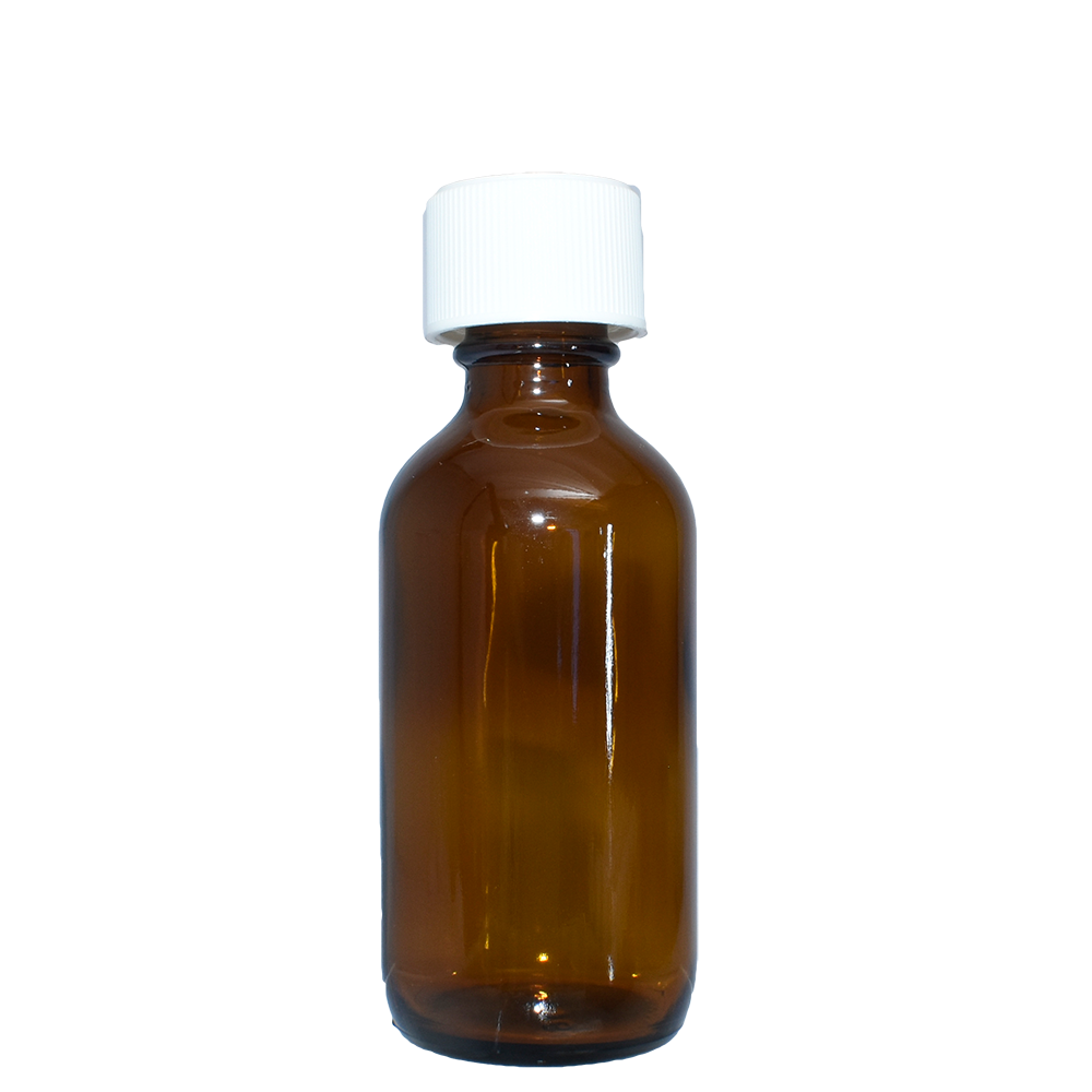 2 oz. Amber Boston Round with Reducer and White Child-Resistant Cap (20/400) (V23) (V6)-Glass Bottle Outlet