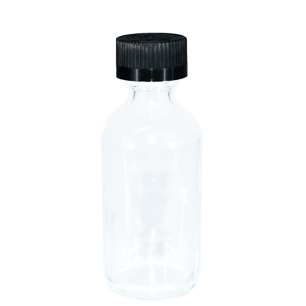 2 oz. Clear Boston Round with Black Child-Resistant Cap (20/400) (V23) (V6)-Glass Bottle Outlet
