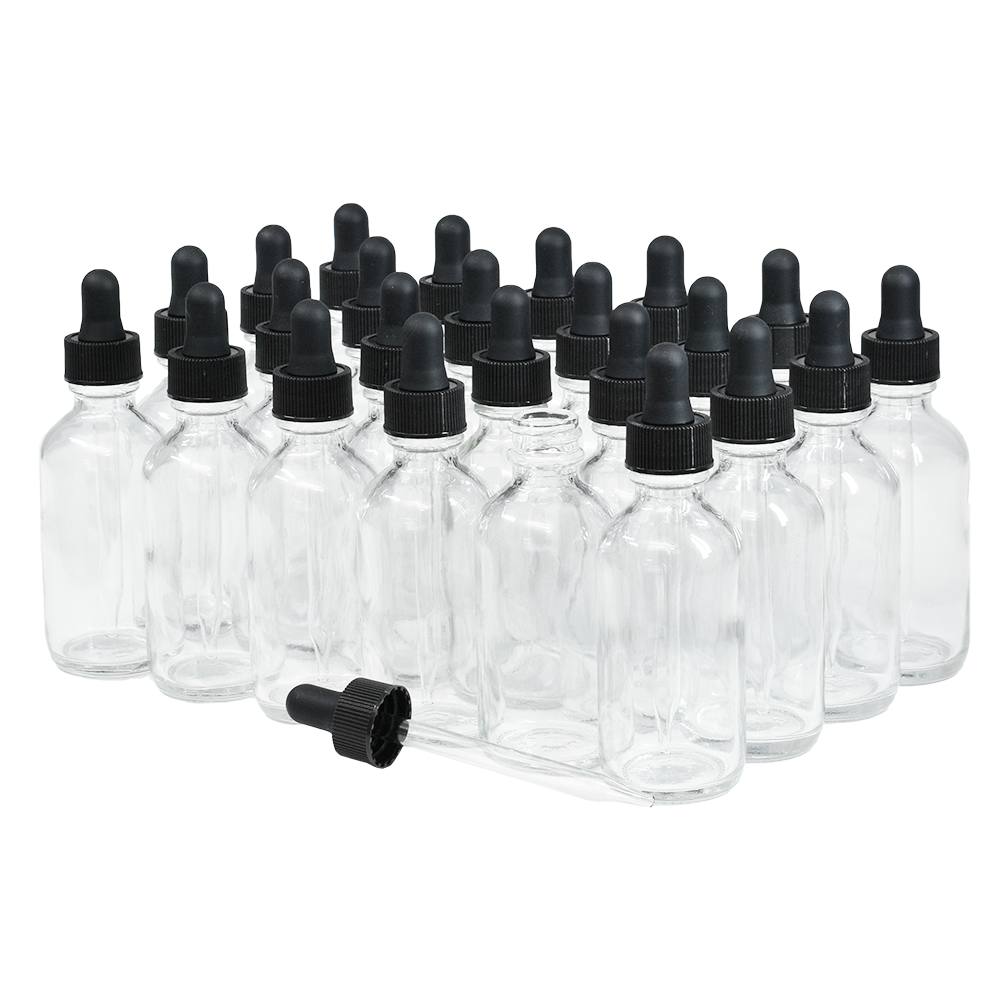 2 oz. Clear Boston Round with Black Glass Dropper (20/400) (V20) (V8)-Glass Bottle Outlet