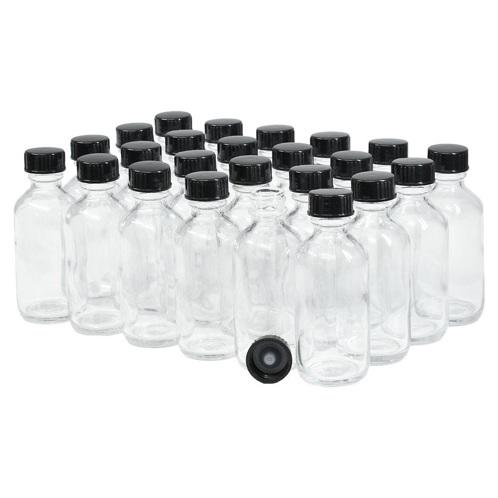 2 oz. Clear Boston Round with Black Poly Cone Cap (20/400) (V20) (V20)-Glass Bottle Outlet