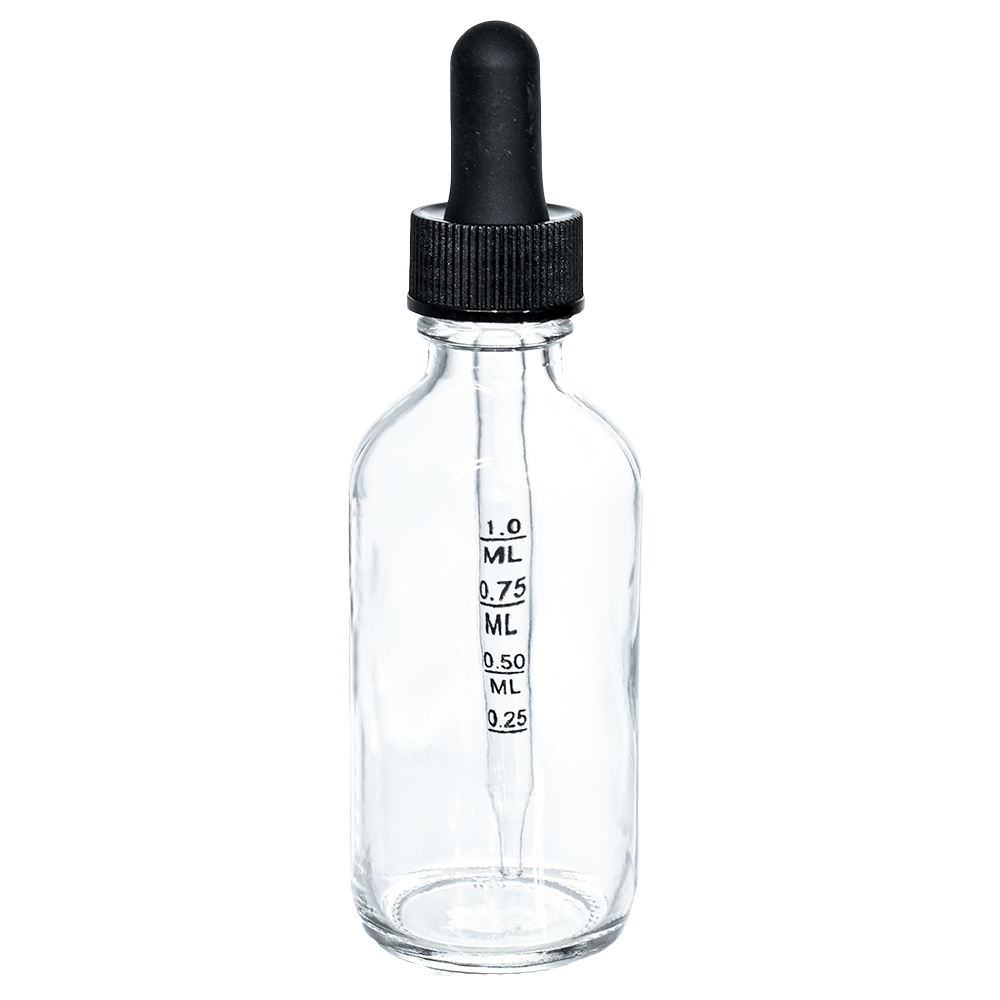 2 oz. Clear Boston Round with Large Bulb Graduated Black Glass Dropper (20/400) (V20) (V15)-Glass Bottle Outlet