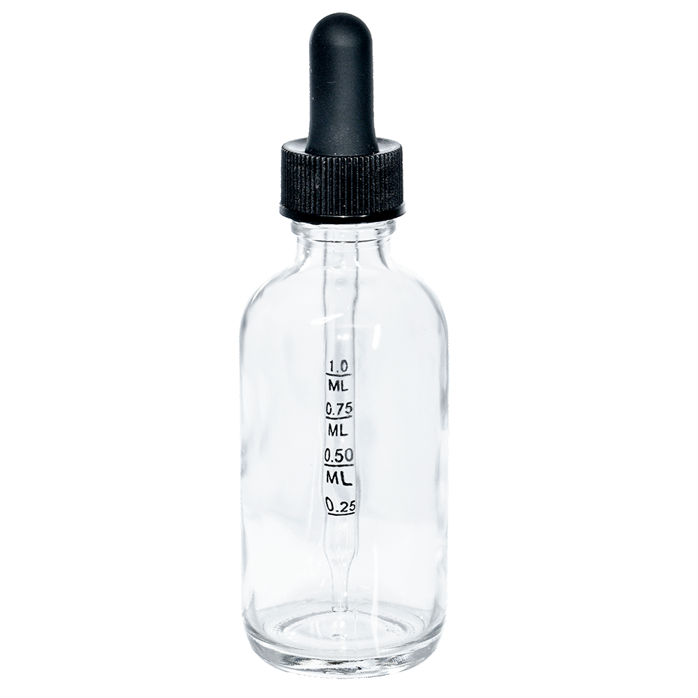 2 oz. Clear Boston Round with Large Bulb Graduated Black Glass Dropper (20/400) (V5) (V15)-Glass Bottle Outlet