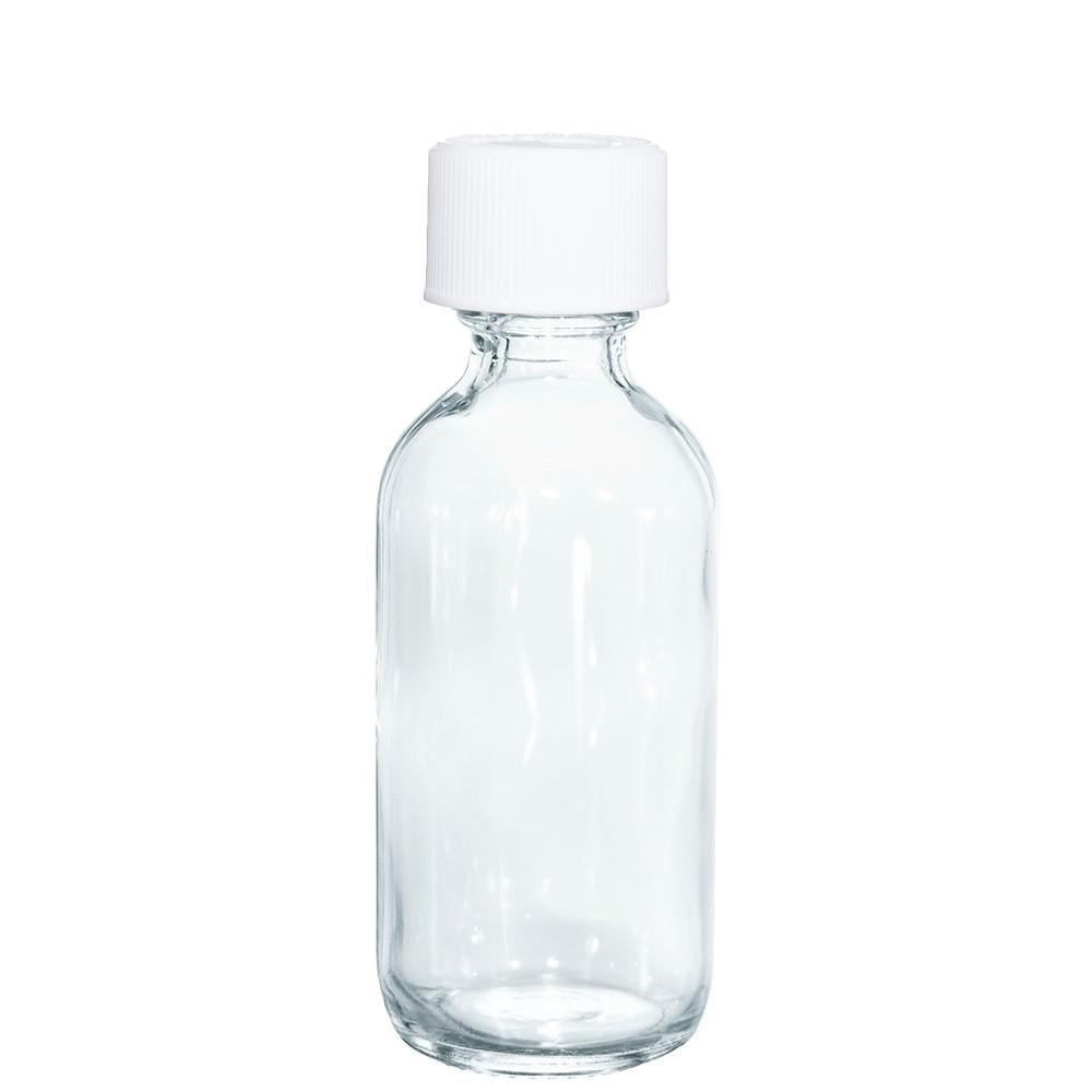 2 oz. Clear Boston Round with Reducer and White Child-Resistant Cap (20/400) (V23) (V6)-Glass Bottle Outlet