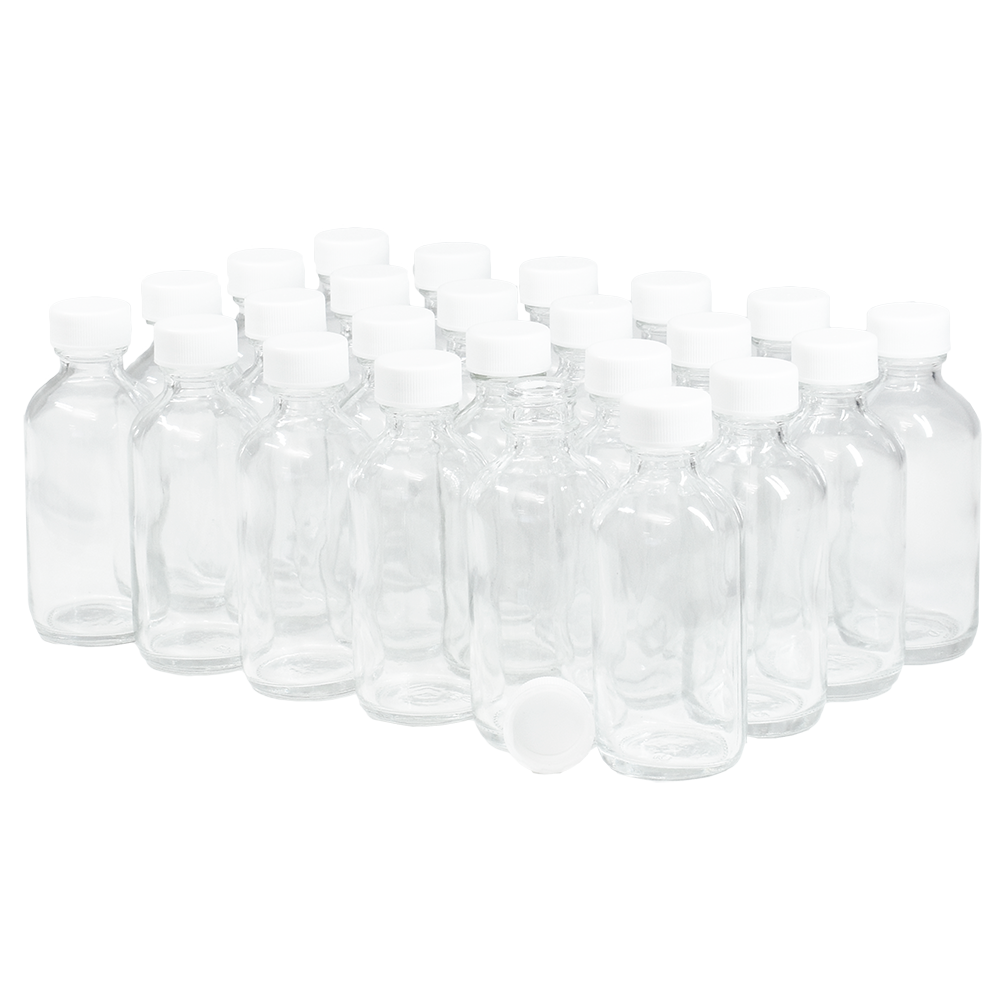 2 oz. Clear Boston Round with White Cap (20/400) (V20) (V1)-Glass Bottle Outlet
