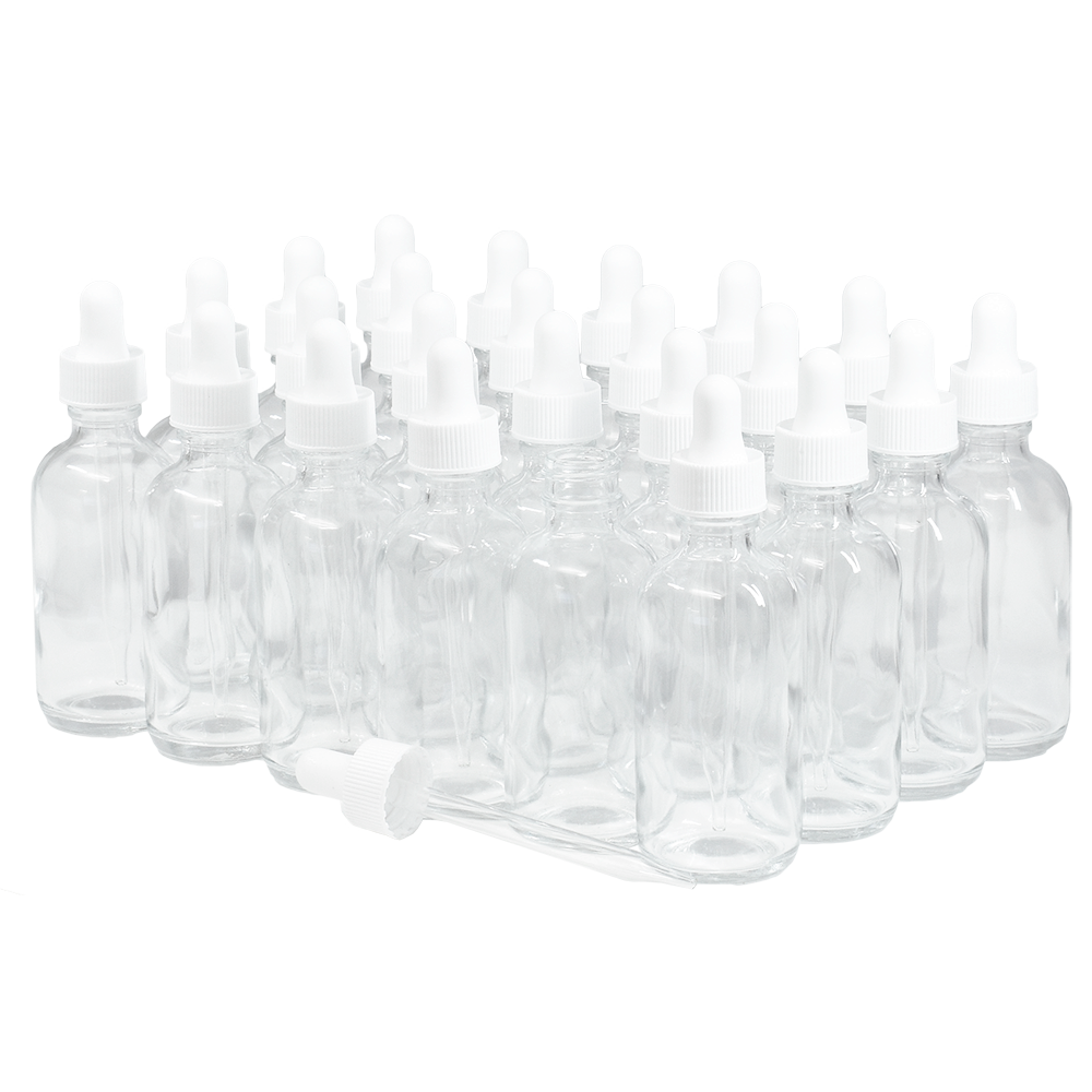 2 oz. Clear Boston Round with White Glass Dropper (20/400) (V5) (V8)-Glass Bottle Outlet