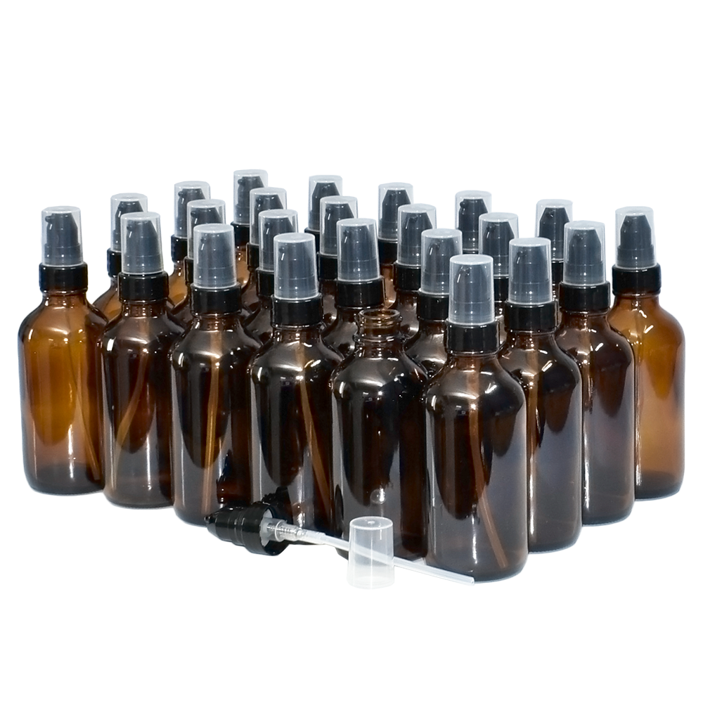 4 oz. Amber Boston Round with Black Cream Pump (22/400) (V8) (V20)-Glass Bottle Outlet