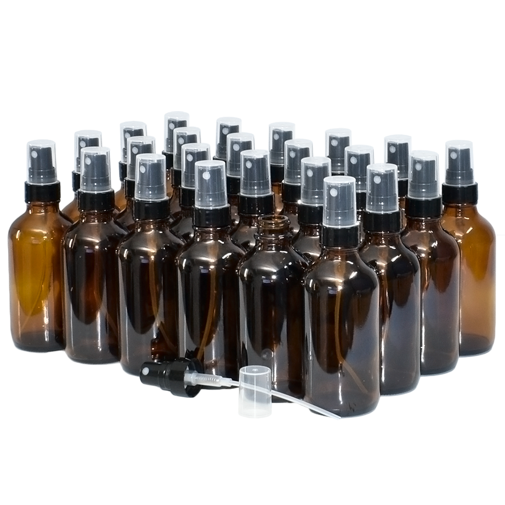 4 oz. Amber Boston Round with Black Fine-Mist Sprayer (Smooth) (22/400) (V8) (V20)-Glass Bottle Outlet