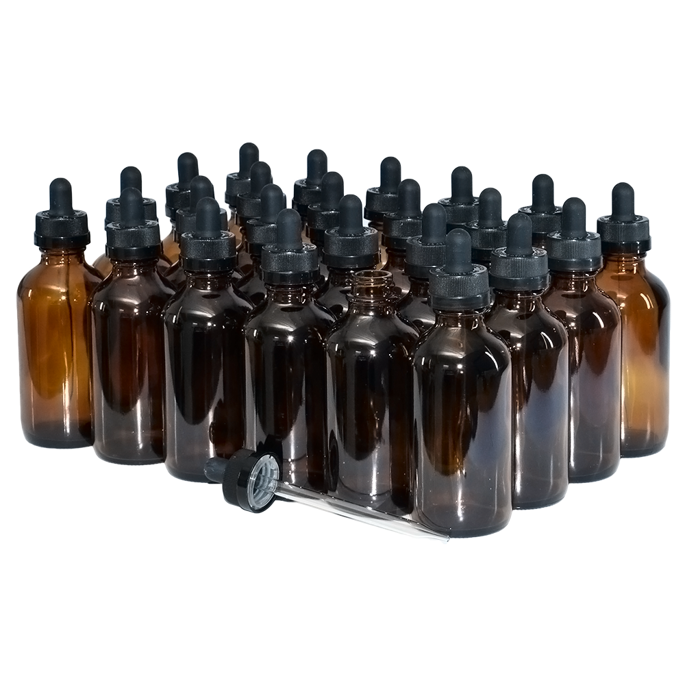 4 oz. Amber Boston Round with Black Child-Resistant Glass Dropper (22/400) (V23) (V8)-Glass Bottle Outlet