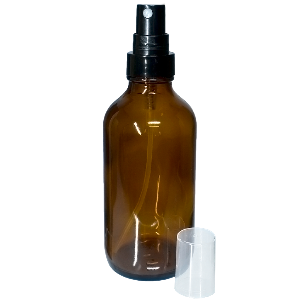 4 oz. Amber Boston Round with Black Fine-Mist Sprayer (Smooth) (22/400) (V23) (V20)-Glass Bottle Outlet
