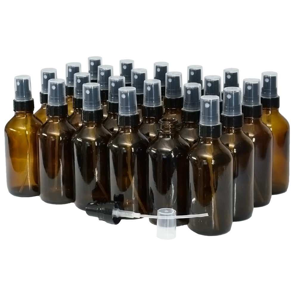 4 oz. Amber Boston Round with Black Fine-Mist Sprayer (Smooth) (22/400) (V5) (V20)-Glass Bottle Outlet