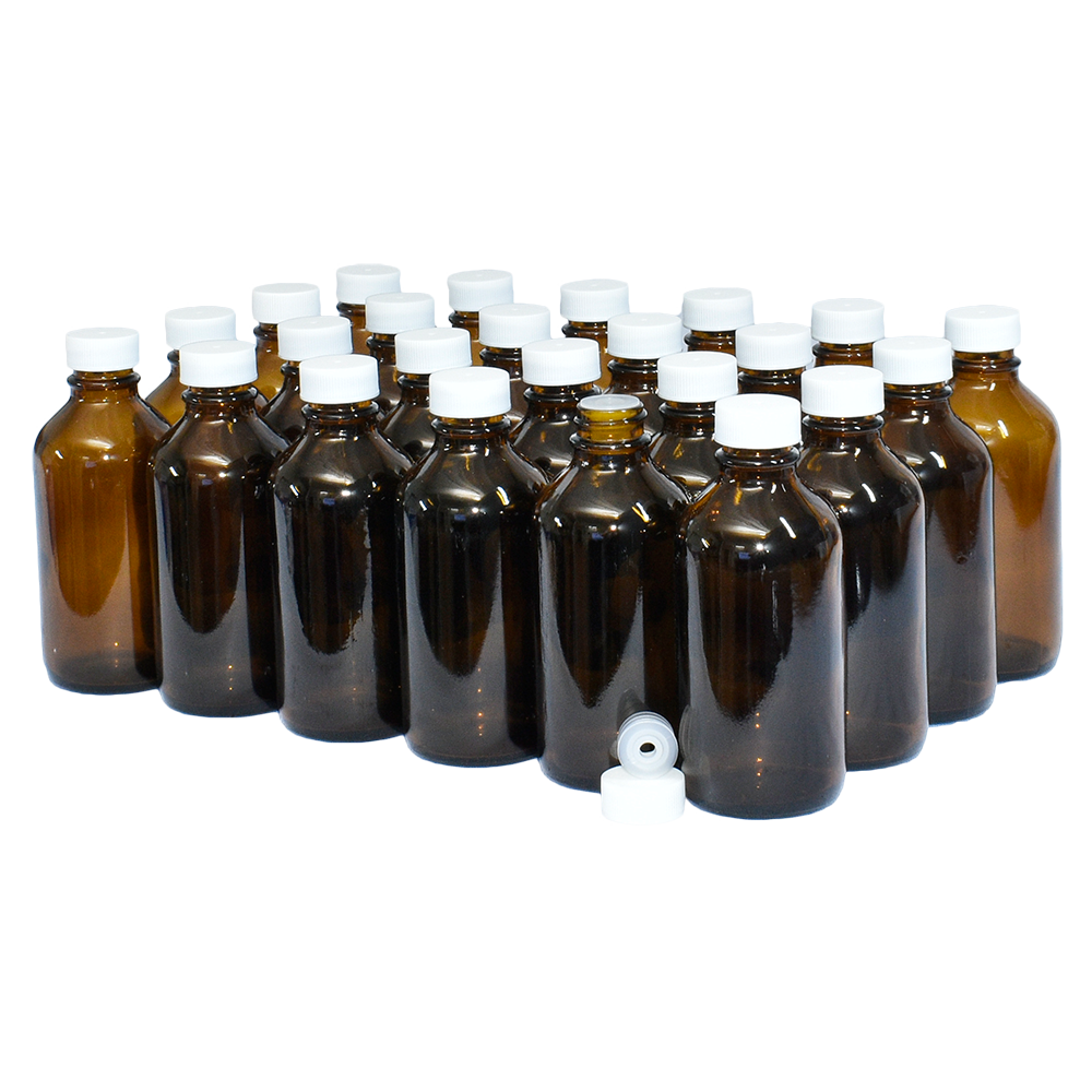 4 oz. Amber Boston Round with Reducer and White Cap (22/400) (V5) (V1)-Glass Bottle Outlet