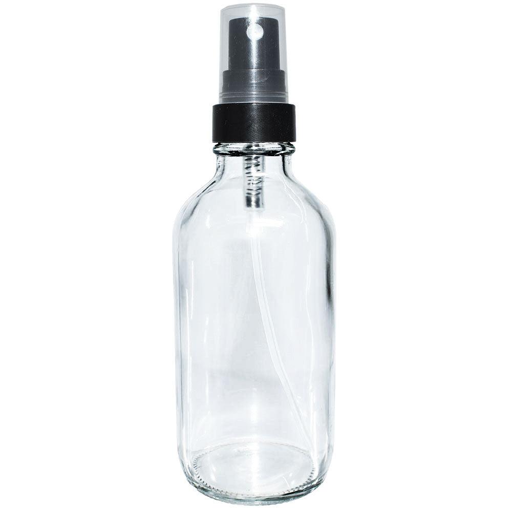 4 oz. Clear Boston Round with Black Fine-Mist Sprayer (Smooth) (22/400) (V23) (V20)-Glass Bottle Outlet
