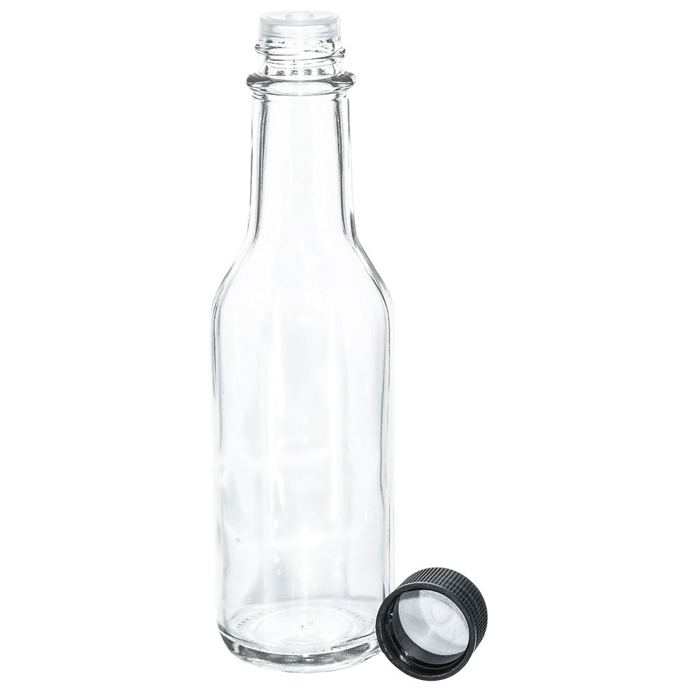 5 oz. Clear Glass Hot Sauce Bottle with Black Foam-Lined Cap and Orifice Reducer (24/414) (V23) (V23)