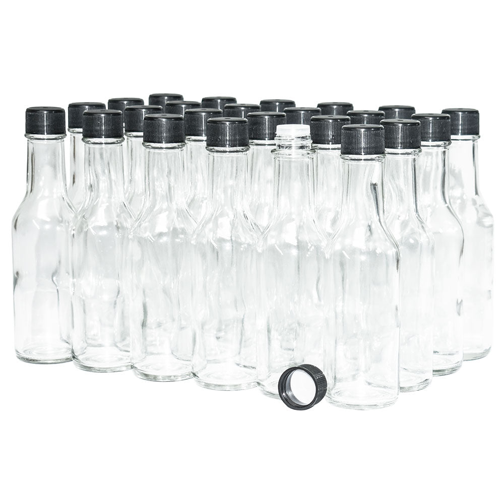 5 oz. Clear Glass Hot Sauce Bottle with Black Foam-Lined Cap and Orifice Reducer (24/414) (V23) (V23)