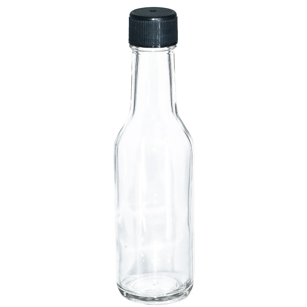 5 oz. Clear Glass Hot Sauce Bottle with Black Foam-Lined Cap and Orifice Reducer (24/414) (V23) (V23)