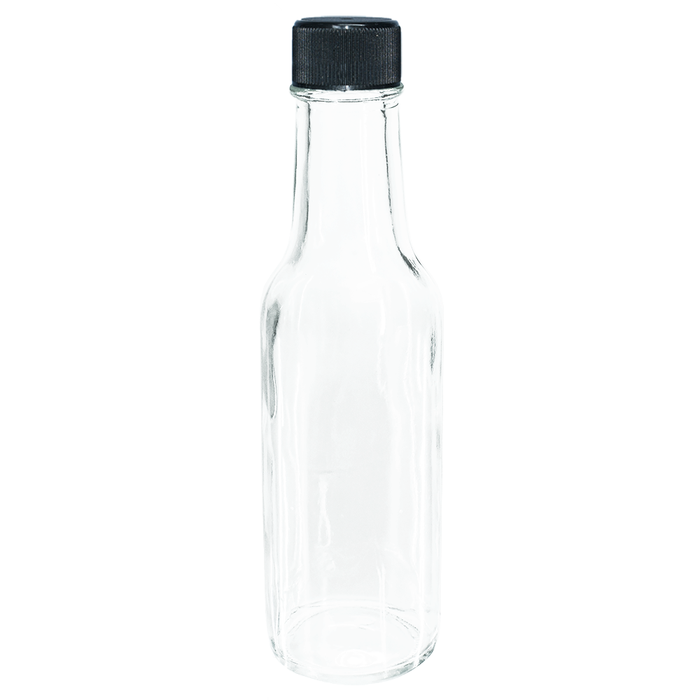 5 oz. Clear Glass Hot Sauce Bottle with Black Foam-Lined Cap and Orifice Reducer (24/414) (V1)-24 (V1)