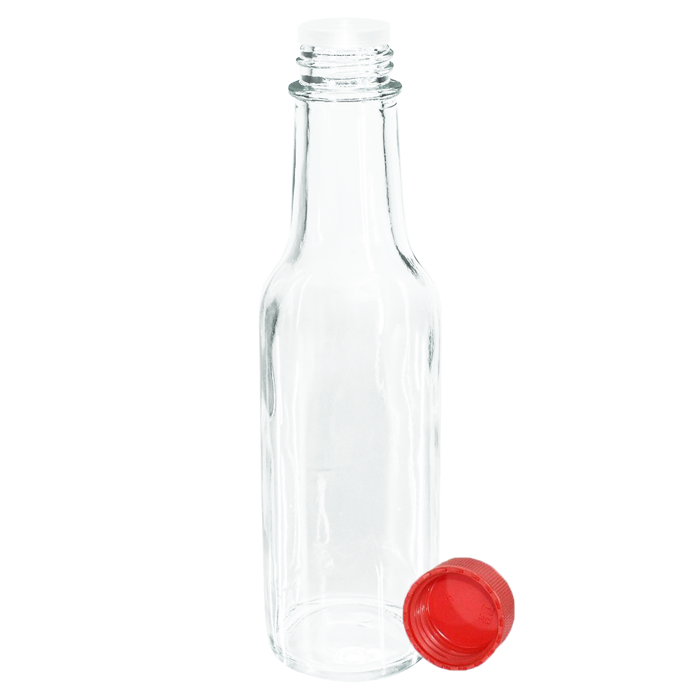 5 oz. Clear Glass Hot Sauce Bottle with Red Unlined Cap and Orifice Reducer (24/414) (V1)-24 (V1)