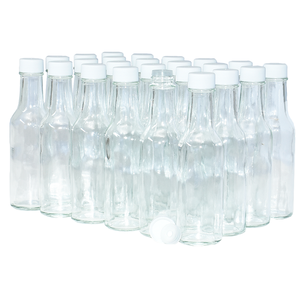 5 oz. Clear Glass Hot Sauce Bottle with White Unlined Cap and Orifice Reducer (24/414) (V1)-24 (V1)
