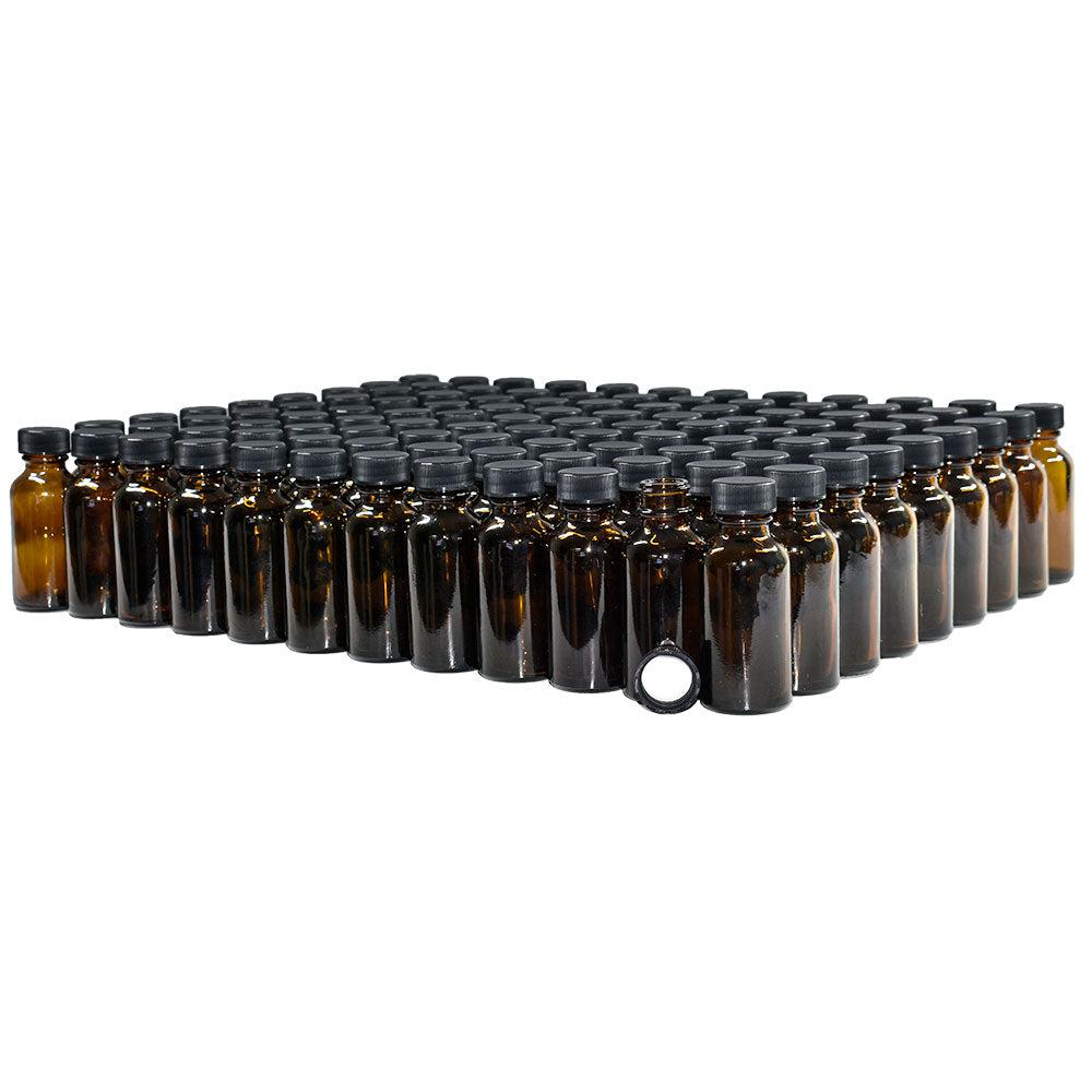 1 oz. Amber Boston Round with Black Cap (20/400) (V5) (V1)-Glass Bottle Outlet