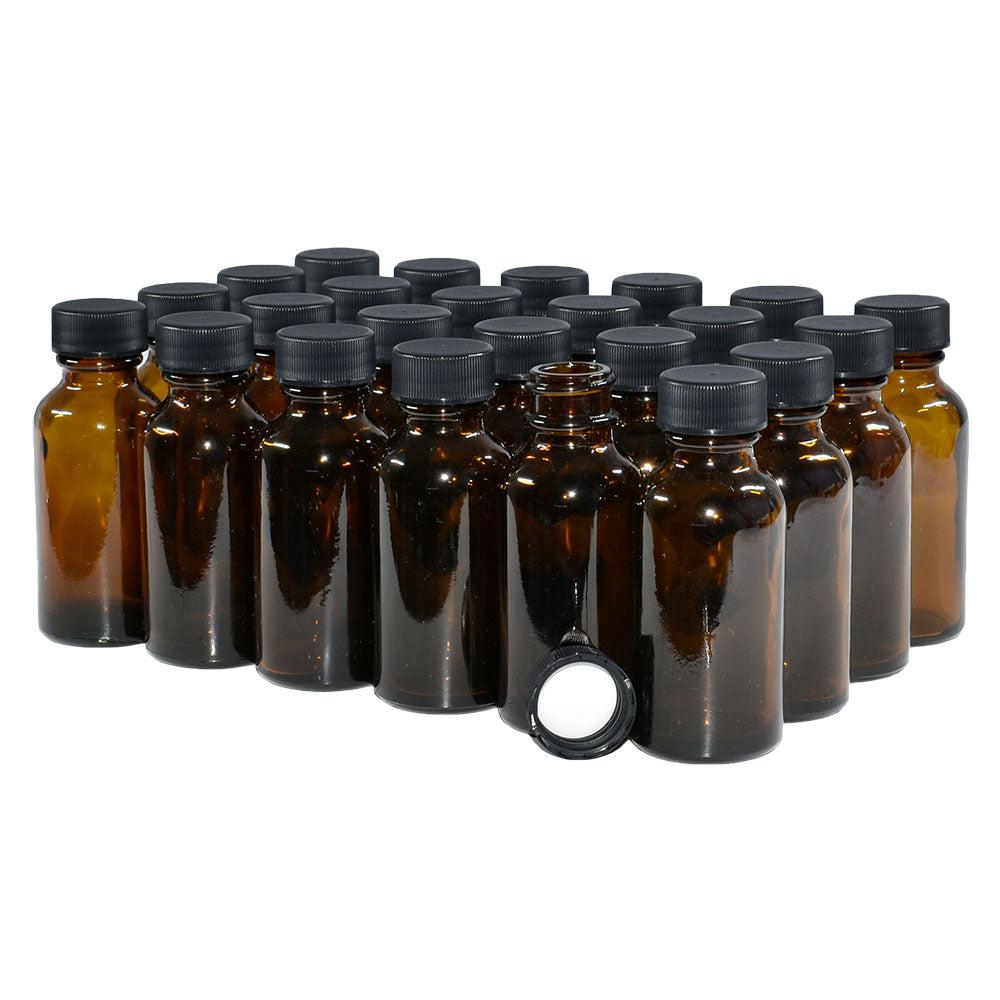 1 oz. Amber Boston Round with Black Cap (20/400) (V5) (V1)-Glass Bottle Outlet