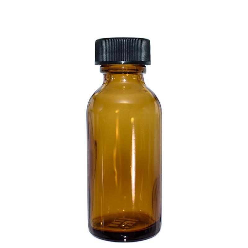 1 oz. Amber Boston Round with Black Cap (20/400) (V7) (V1)-Glass Bottle Outlet