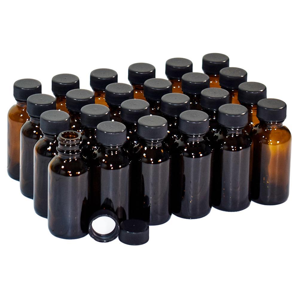 1 oz. Amber Boston Round with Black Cap (20/400) (V7) (V1)-Glass Bottle Outlet