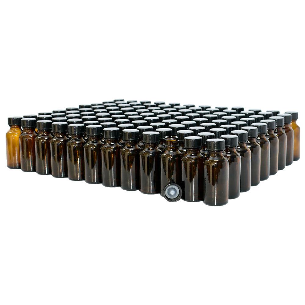1 oz. Amber Boston Round with Black Poly Cone Cap (20/400) (V5) (V20)-Glass Bottle Outlet