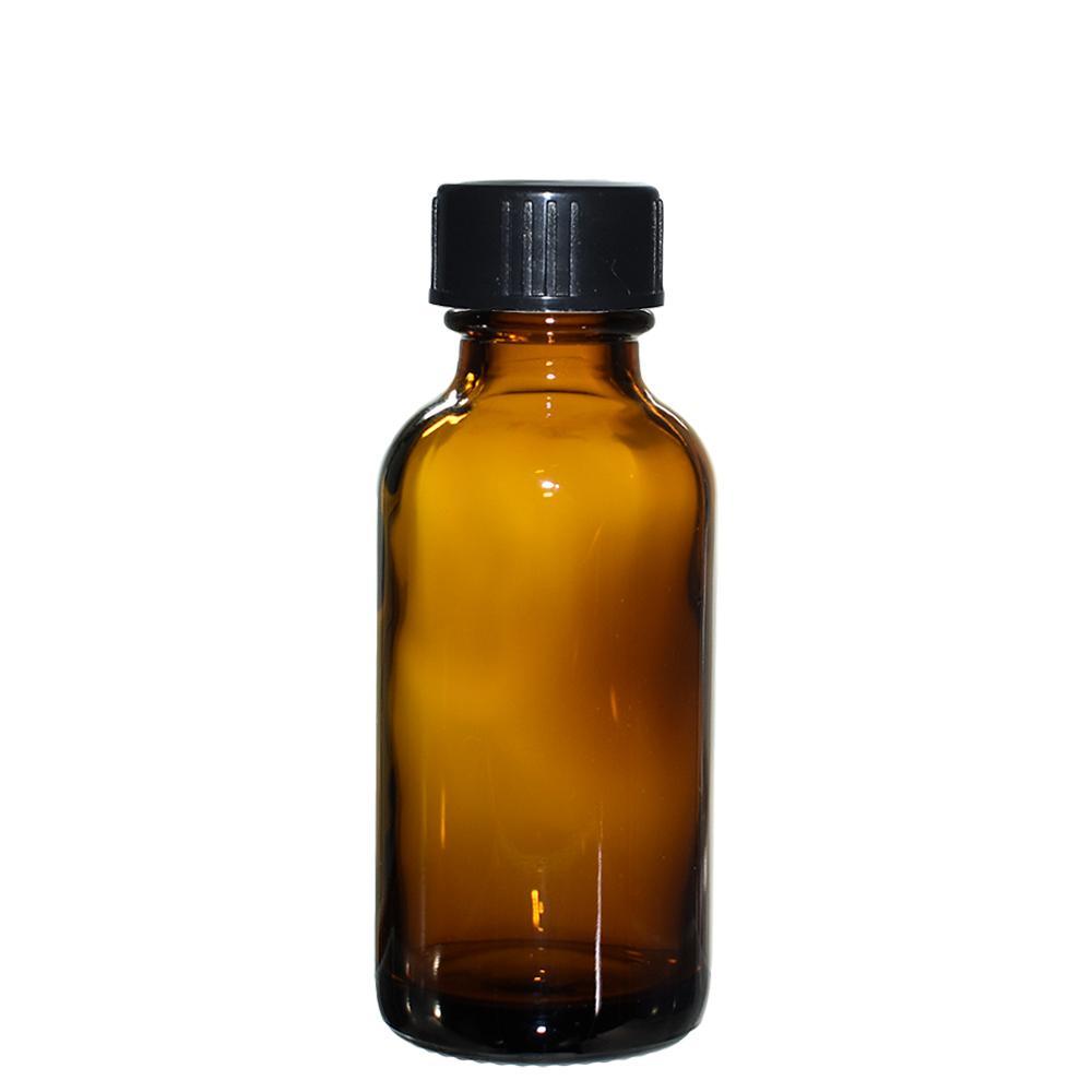 1 oz. Amber Boston Round with Black Poly Cone Cap (20/400) (V7) (V20)-Glass Bottle Outlet