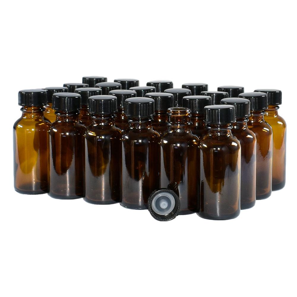 1 oz. Amber Boston Round with Black Poly Cone Cap (20/400) (V7) (V20)-Glass Bottle Outlet