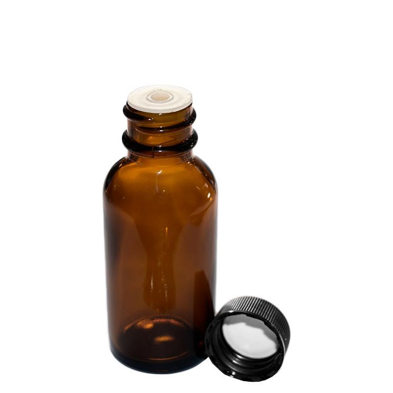 1 oz. Amber Boston Round with Reducer and Black Cap (20/400) (V5) (V1)-Glass Bottle Outlet