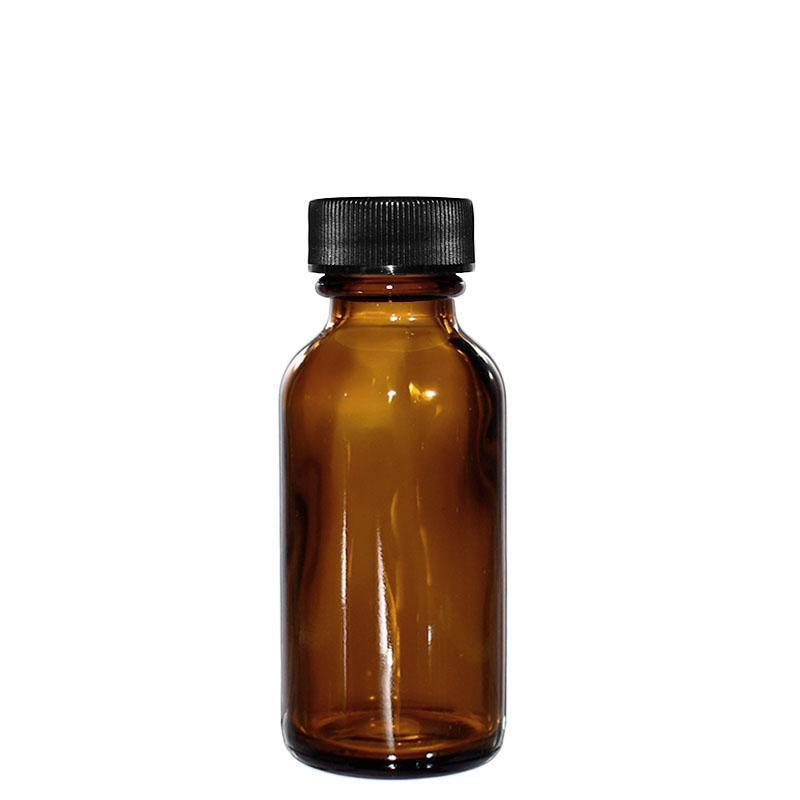 1 oz. Amber Boston Round with Reducer and Black Cap (20/400) (V5) (V1)-Glass Bottle Outlet