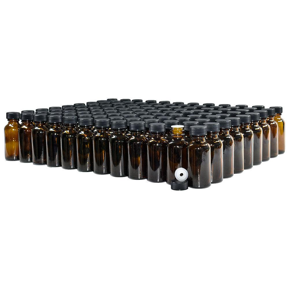 1 oz. Amber Boston Round with Reducer and Black Cap (20/400) (V5) (V6)-Glass Bottle Outlet