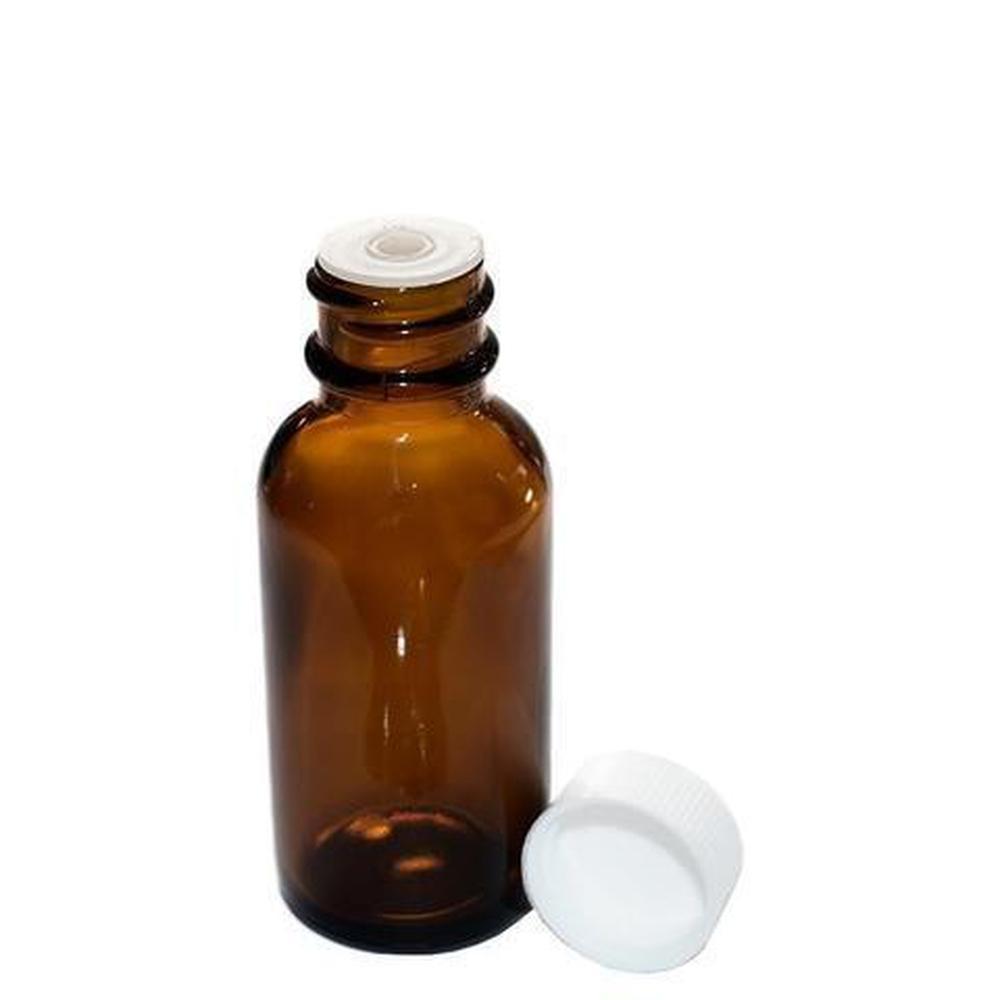 1 oz. Amber Boston Round with Reducer and White Cap (20/400) (V5) (V1)-Glass Bottle Outlet