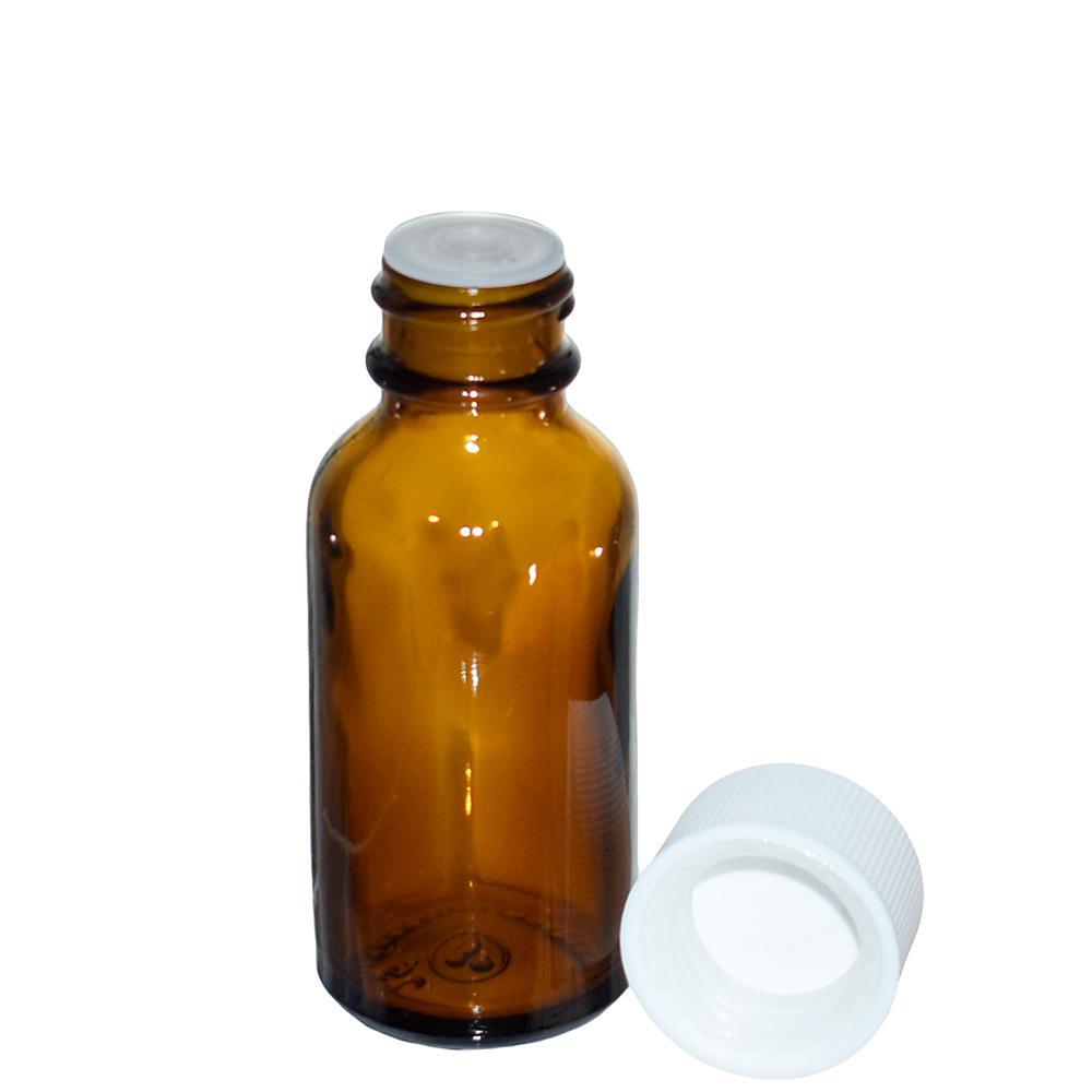 1 oz. Amber Boston Round with Reducer and White Child-Resistant Cap (20/400) (V5) (V1)-Glass Bottle Outlet