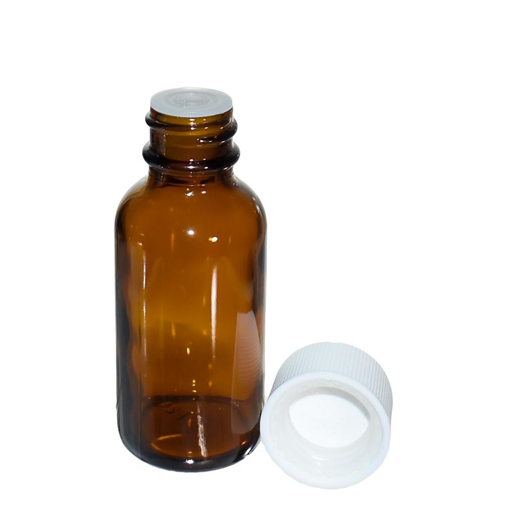 1 oz. Amber Boston Round with Reducer and White Child-Resistant Cap (20/400) (V7) (V1)-Glass Bottle Outlet