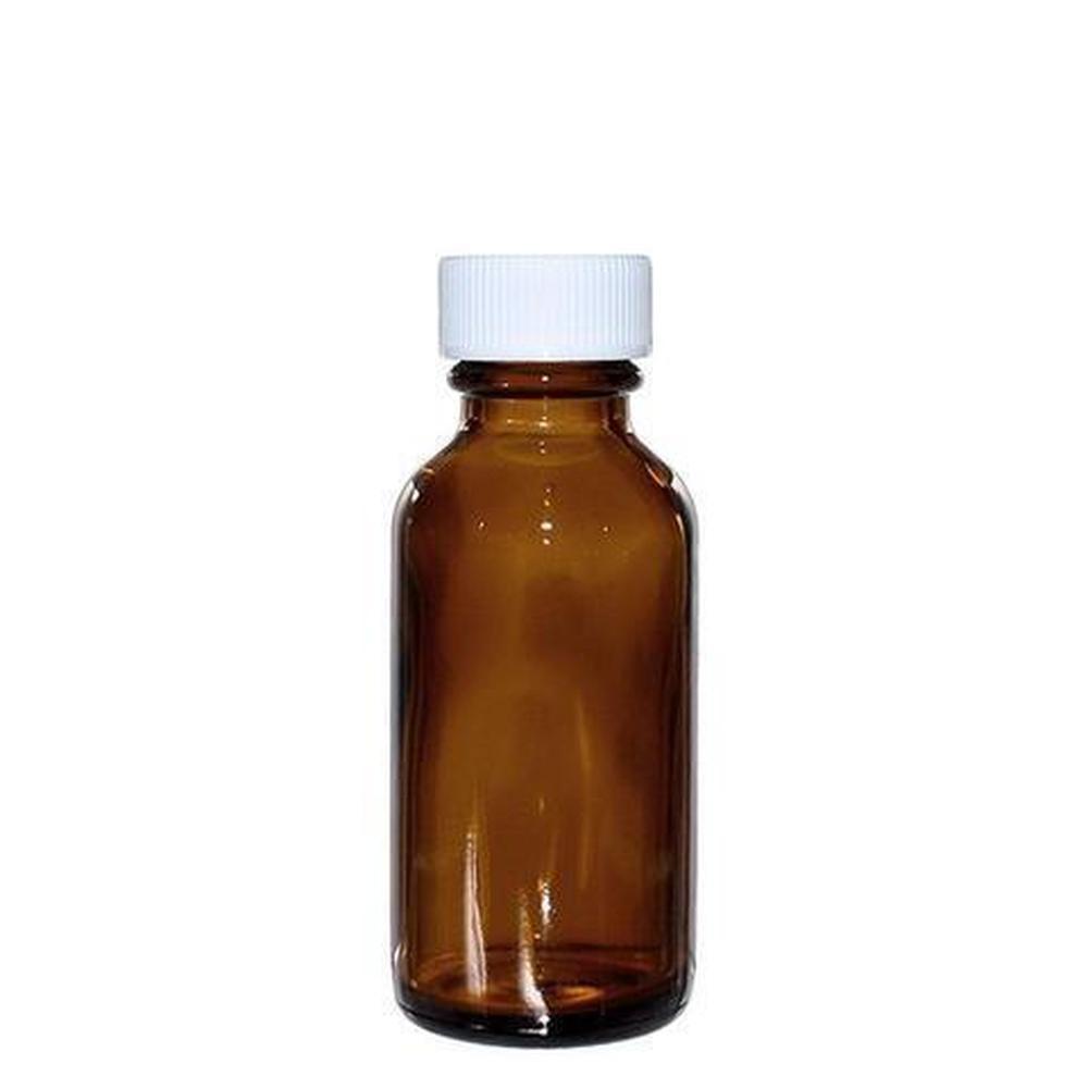 1 oz. Amber Boston Round with White Cap (20/400) (V5) (V1)-Glass Bottle Outlet