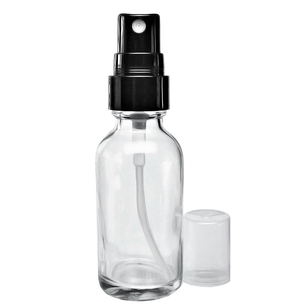 1 oz. Clear Boston Round with Black Fine-Mist Sprayer (Smooth) (.1 ml Per Spray) (20/400) (V20) (V15)-Glass Bottle Outlet