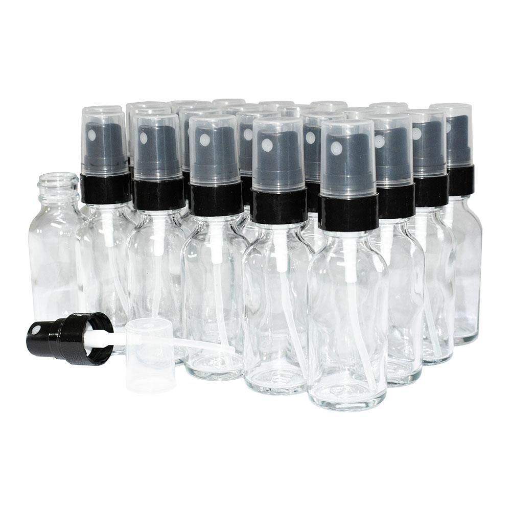 1 oz. Clear Boston Round with Black Fine-Mist Sprayer (Smooth) (.1 ml Per Spray) (20/400) (V4) (V15)-Glass Bottle Outlet