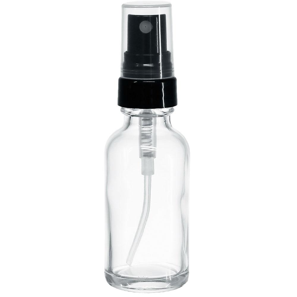1 oz. Clear Boston Round with Black Fine-Mist Sprayer (Smooth) (.16 ml Per Spray) (20/400) (V20) (V20)-Glass Bottle Outlet